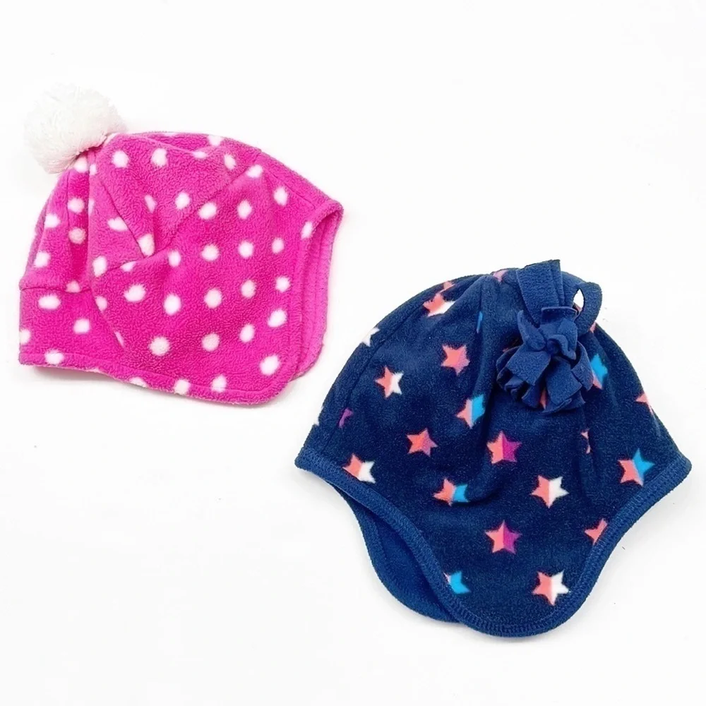 Set of 2 Pink Polka Dot & Blue Star print girls fleece beanies